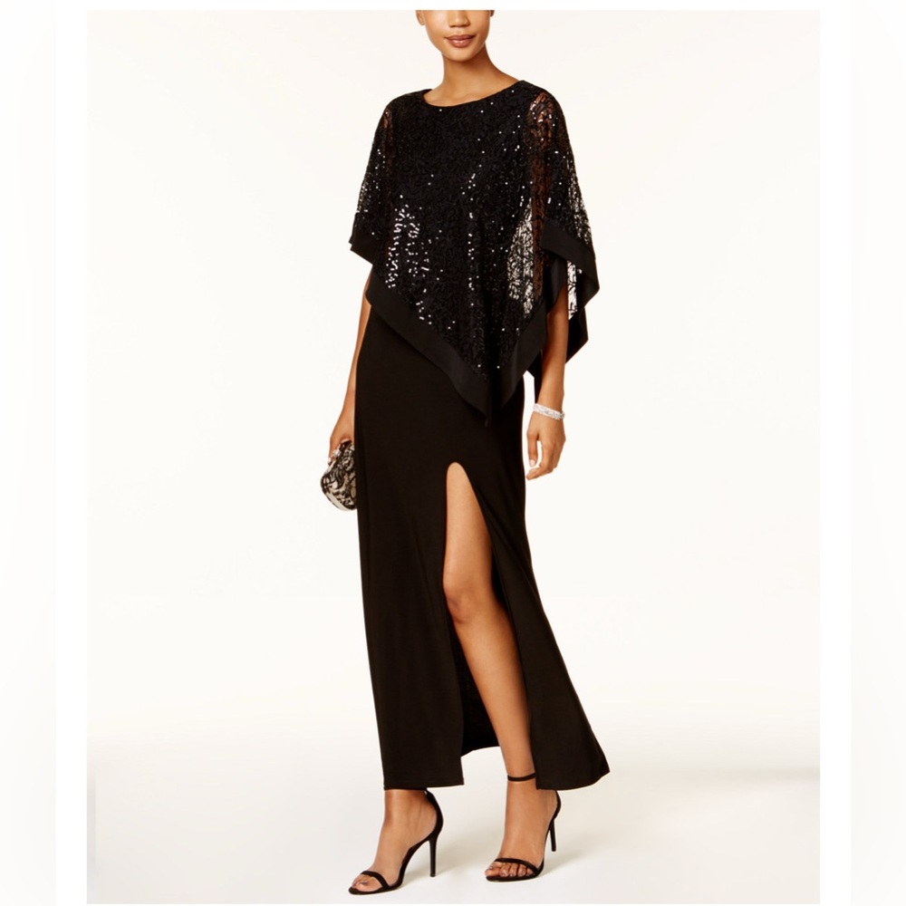 R & M Richards black gown high slit with laced poncho beautiful
